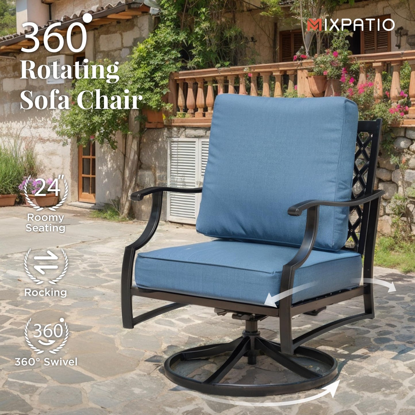 MIXPATIO Patio Furniture Set, 6 Pcs Metal Outdoor Conversation Set, 2 Swivel Chairs, 2 Ottomans and 3 Seater Sofa with 5.75" Extra Thick Cushion and Gas Fire Pit Table, Navy Blue