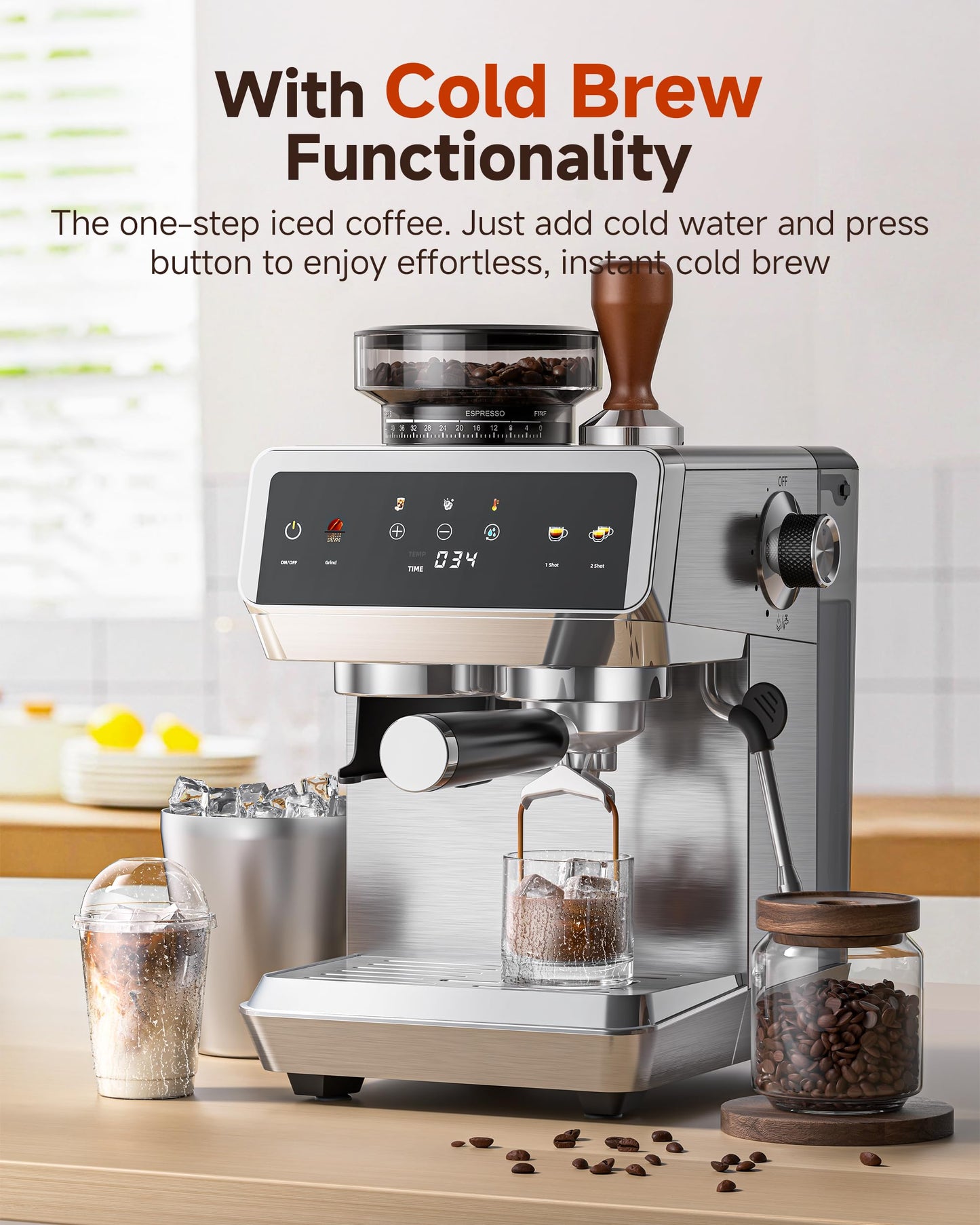 AMZCHEF Espresso Machine With Grinder, 190℉-201℉ Temp Control Coffee machine with 44 Grind Setting, Milk Frother, Touch Screen, Cold Brew, Sliver