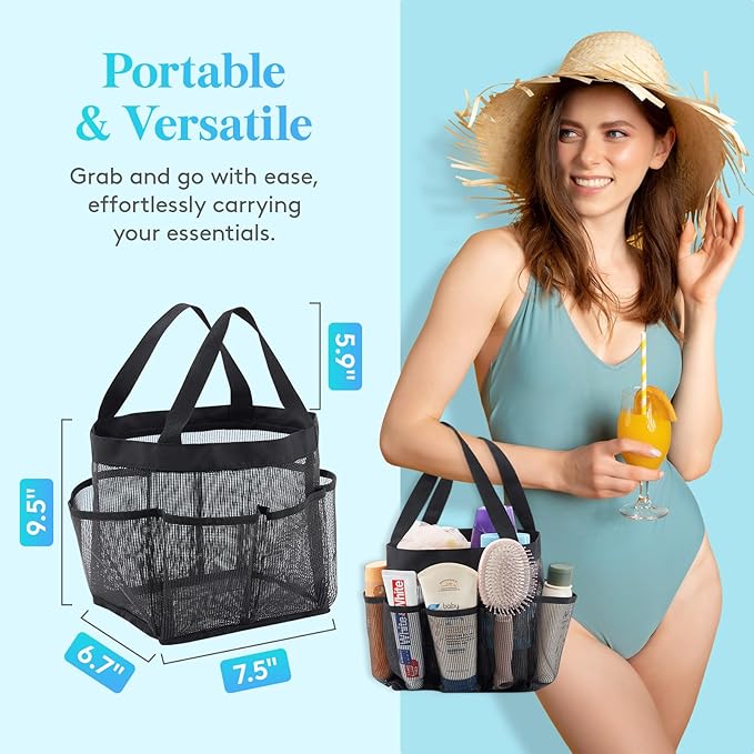 Lifewit Mesh Shower Caddy Portable for College Dorm Room Essentials with 7 Pockets, Freestanding Hanging Organizer Basket, Quick Dry Tote Bag for Camping, Bathroom, Beach, Travel, 1 Pack, Black