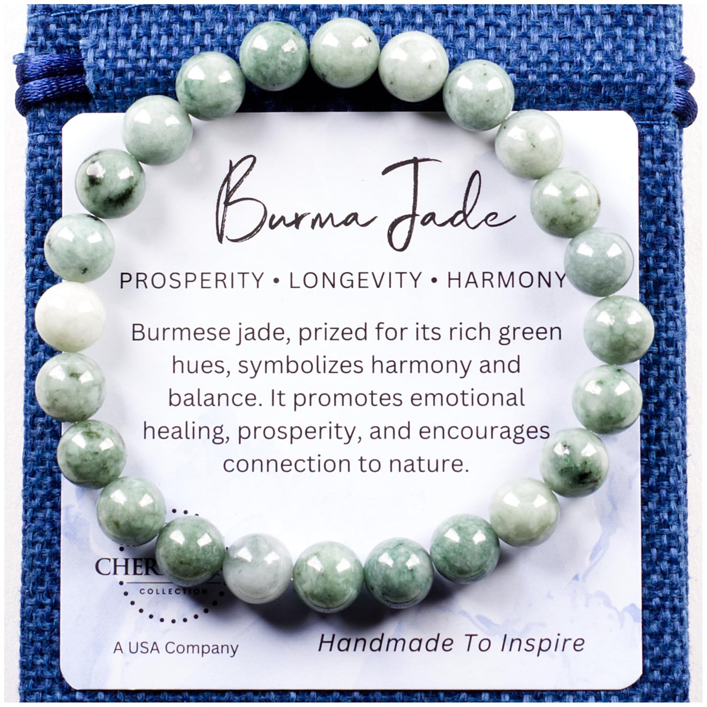 Cherry Tree Collection Burma Jade Bracelet – Handmade 8mm Natural Jadeite Beaded Stretch Bracelet for Men & Women – Healing, Protection & Positive Energy – Unisex Jewelry, Gift-Ready - (Medium)