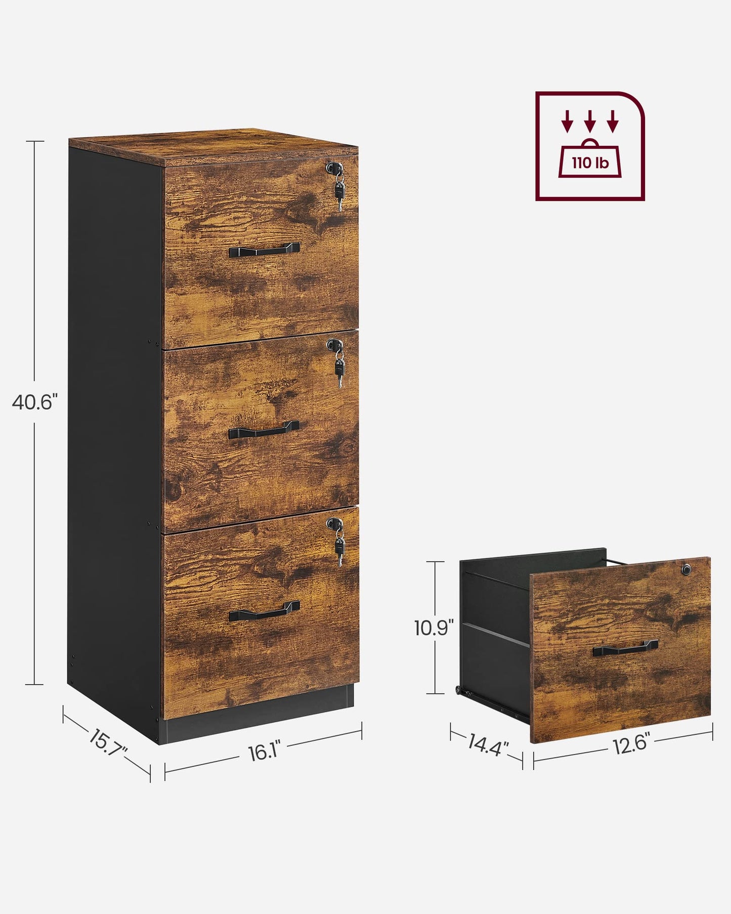 VASAGLE 3-Drawer Vertical File Cabinet, Filing Cabinet for Home Office, Printer Stand, with 3 Lockable Drawers, Adjustable Hanging Rail, for A4 and Letter-Size Files, Rustic Brown and Black UOFC055B01
