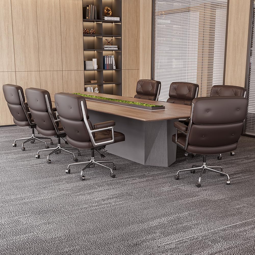 Genuine Leather Office Chair, Padded Mid Back Conference Desk Chair with Aluminum Arms and Leg, Executive Swivel Leather Chairs with Wheels, Thickened Backrest and Ergonomic Lumbar Support, Brown