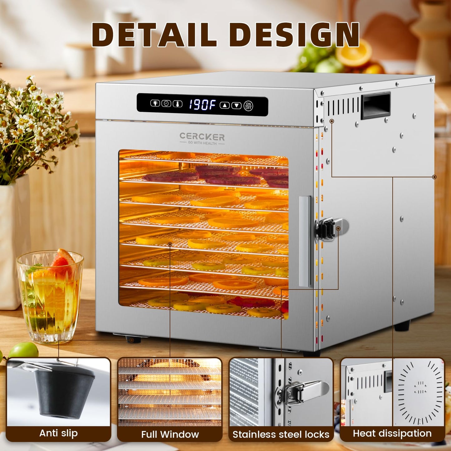 Food-Dehydrator Machine 9 Stainless Steel Trays, 1000W Fruit Dehydrator,7.7ft² Meat Dryer for Jerky,190ºF Temperature Control,24H Timer Dryer Machine for Herbs,Beef