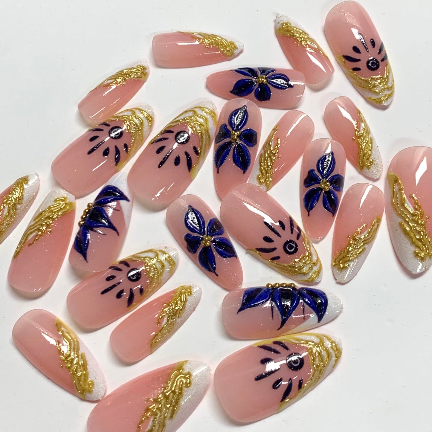 BABALAL Press On Nails, Medium Almond Fake Nails, 3d Blue Floral & Gold Chrome, White French Tip, Glossy Full Cover Glue On Nails For Women And Girls 24Pcs