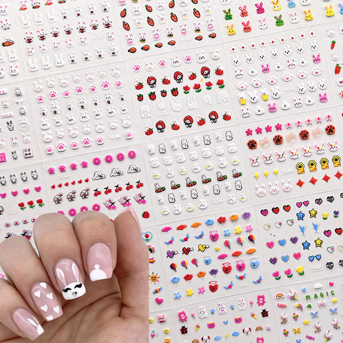 30 Sheets Bunny Nail Art Stickers Cute Nail Stickers 3D Self Adhesive Nail Art Supplies Rabbit Strawberries Heart Flower Nail Design Easter Nail Decals for Women Girls Manicure DIY Decorations