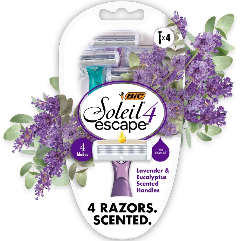 BIC Soleil 4 Escape Women's Disposable 4-Blade Razors, Lavender & Eucalyptus Scented Handles for Smooth Shaving, 4-Pack