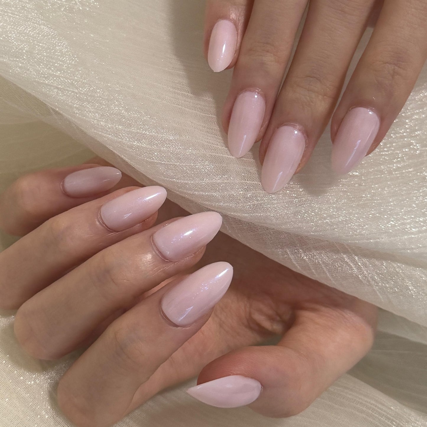 Baby Pink Press On Nails - Petite Oval Short Style with Sheer Sparkle Finish, Soft Glitter Fake Nails for Everyday & Bridal Wear (Cotton Candy Shimmer & Rose Quartz Glow)