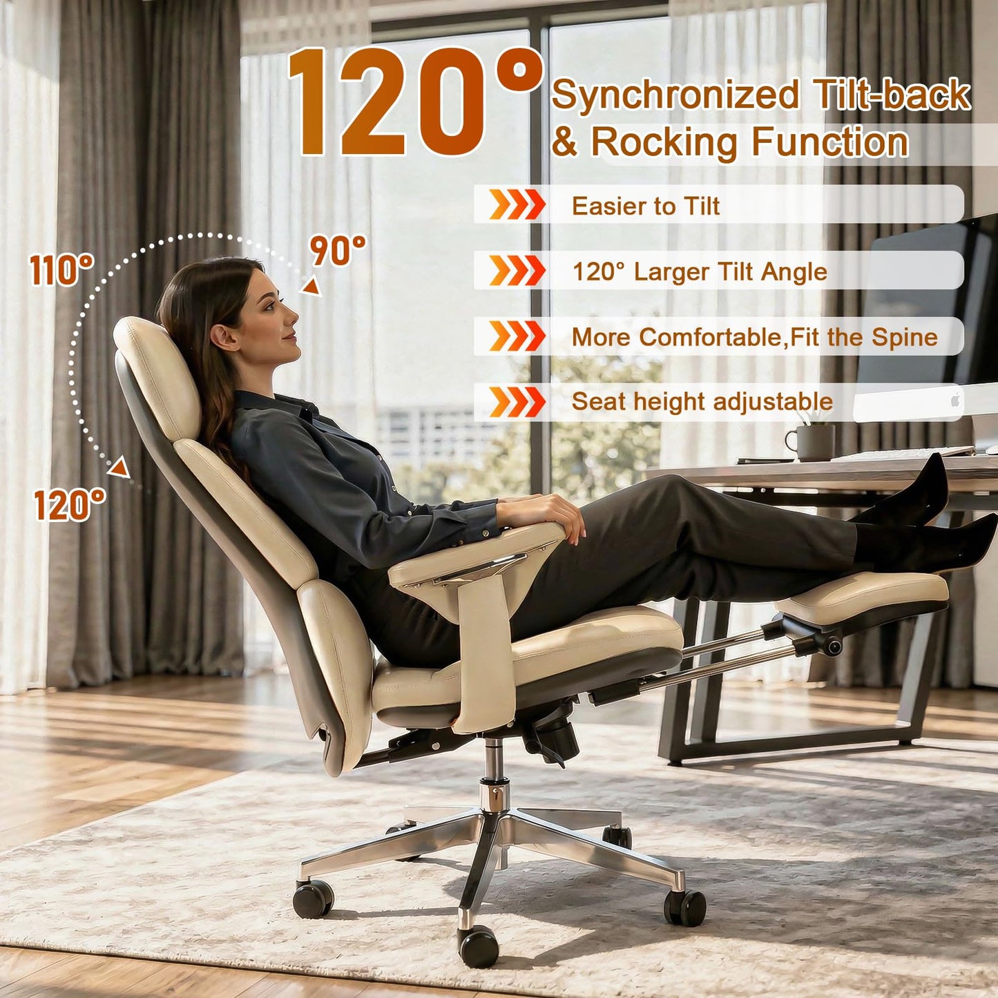 FurniBaron Genuine Leather Office Chair with Flexible Footrest, High Back Executive Office Chair with Lumbar Support, Adjustable Tilt Mechanism, Weight Capacity 400 lbs (White)