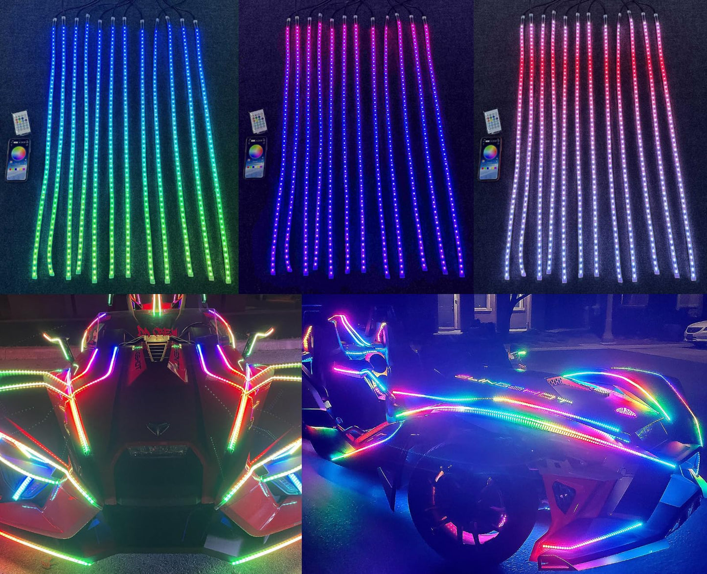 FIJVKNXY 12PCS 4FT IP68 Single Row RGB Dream Chasing Flowing Addressable LED Light Strips - APP/Remote, for Polaris Slingshot/Golf Cart/Ryker/Spyder/Bike/Cycle, Polaris Slingshot Lights