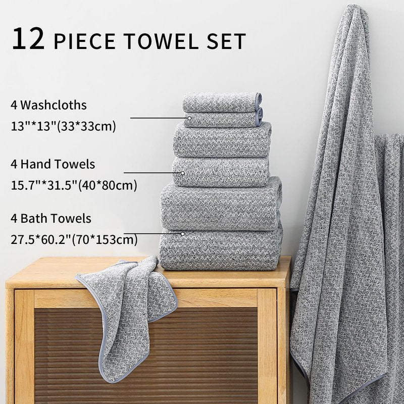 Ultra Soft Bath Towel Set,12 Piece (4 Bath Towels,4 Hand Towels,4 Washcloths) Family Bathroom Towels Set with Hanging Loop,Quick Dry Extra Absorbent Shower Towel for Bathroom,Hotel,Spa-Dark Gray