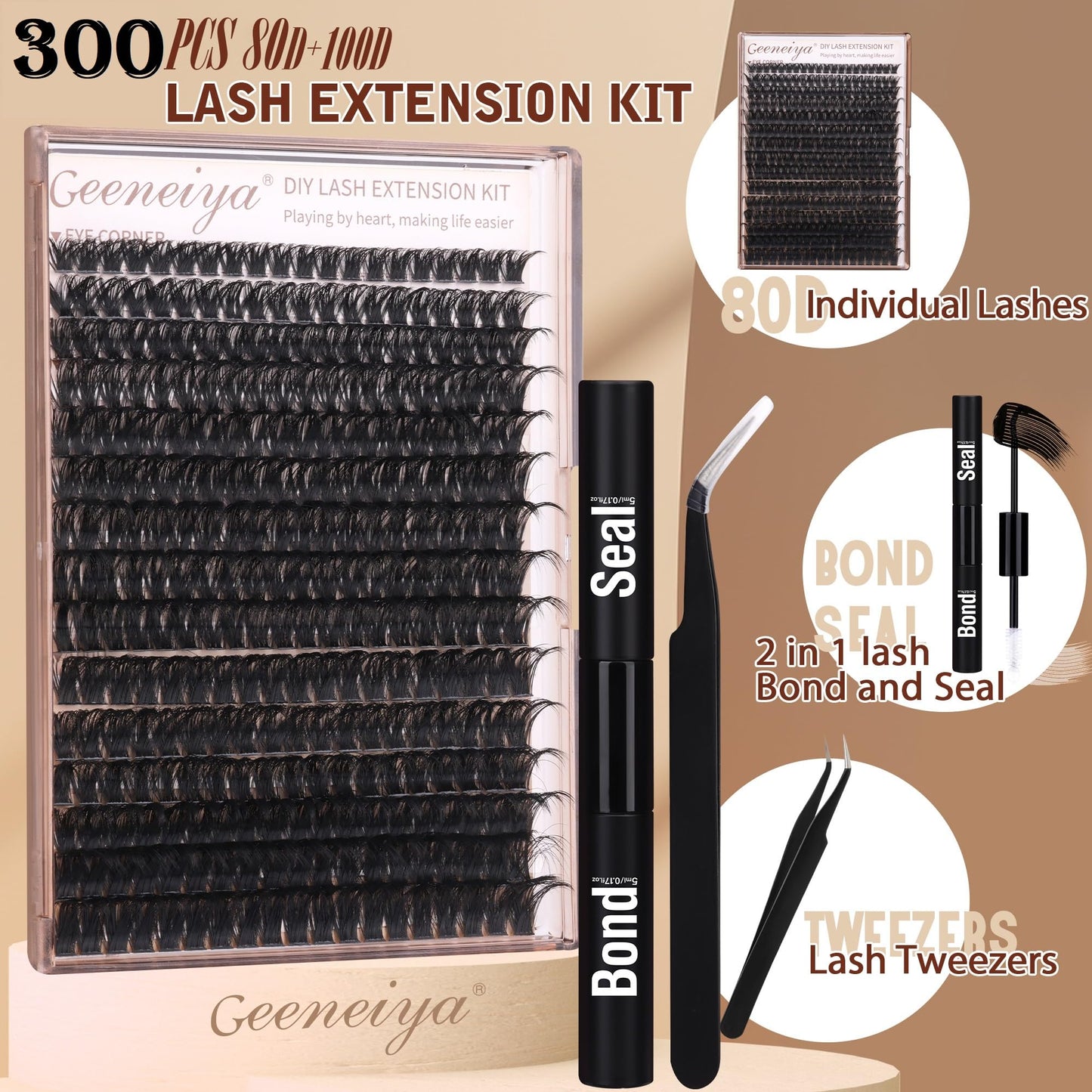 Geeneiya Volume Lash Clusters Kit DIY Lash Extension Kit D Eyelash Extensions with Lash Bond and Seal Tweezers,10-14mm Eye Corner Eyelashes and 16-18MM Cluster Lashes 300Pcs