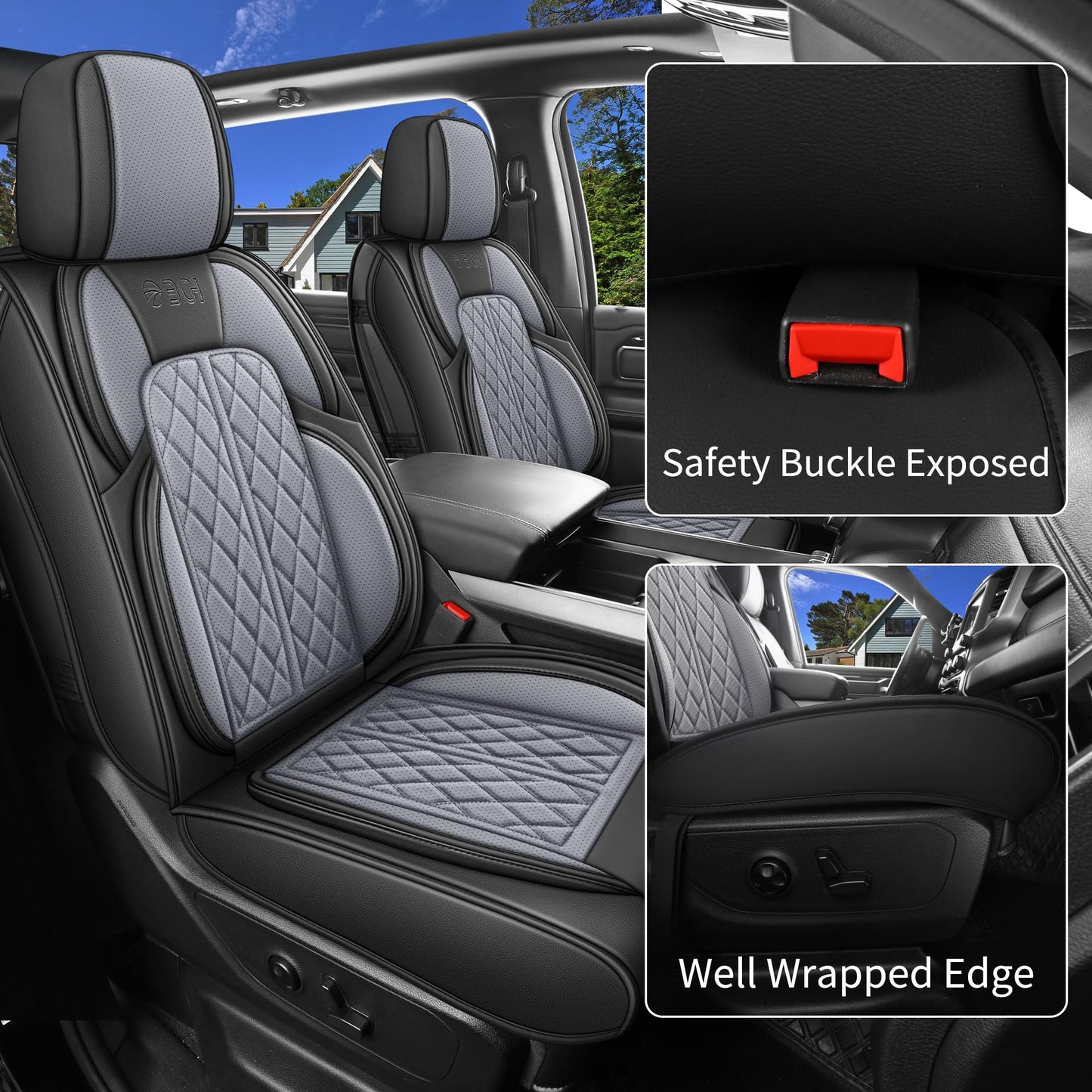 DuDuWang Car Seat Cover Custom Fit for Dodge Ram 1500 2500 3500 2002-2026 Faux Leather Seat Cover Set Compatible with Crew Quad Regular Cab Pickup Truck Cushions (Black & Grey, Full Set, Curved Rear)