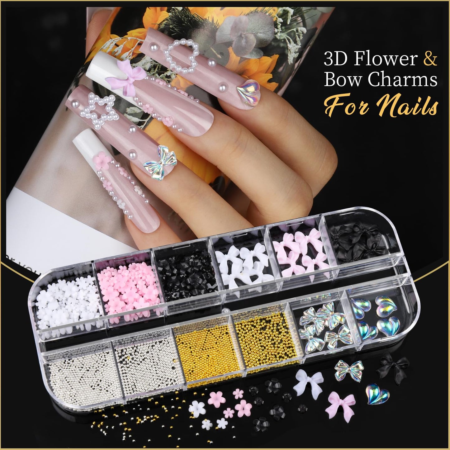 Teentior Nail Charms Nail Stickers with Nail Gems Kit, 8 Boxes Nail Art Rhinestones Gold Rhinestones for Nails, Nail Charms and Gems Pearls for Nails, 3D Nail Art Design Kit Nail Decorations for Women