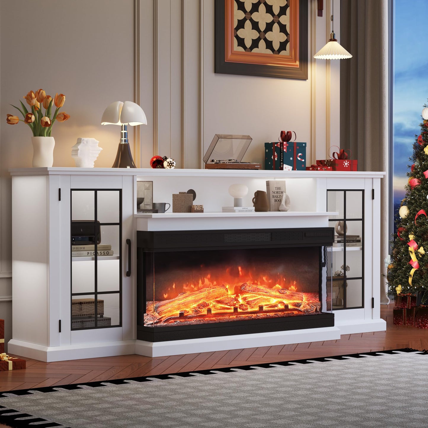 PeakPursuit Fireplace TV Stand, 75'' TV Stand with Fireplace, 40'' Electric Fireplace Insert with Realistic 3D Flame Effect and LED Lights, Entertainment Center with Fireplace, White