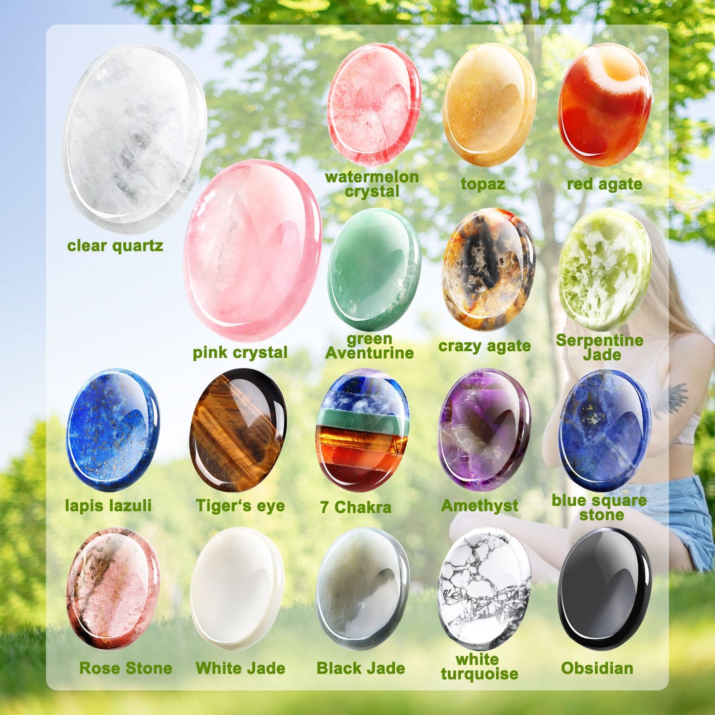 Fumete 18 Pcs Thumb Worry Stone for Anxiety Chakra Crystals Oval Chakra Stones Amethyst Tigers Eye Crystal for Anxiety Stress Relief Meditation Valentines Easter Gift Office Stress (Mixed Set)