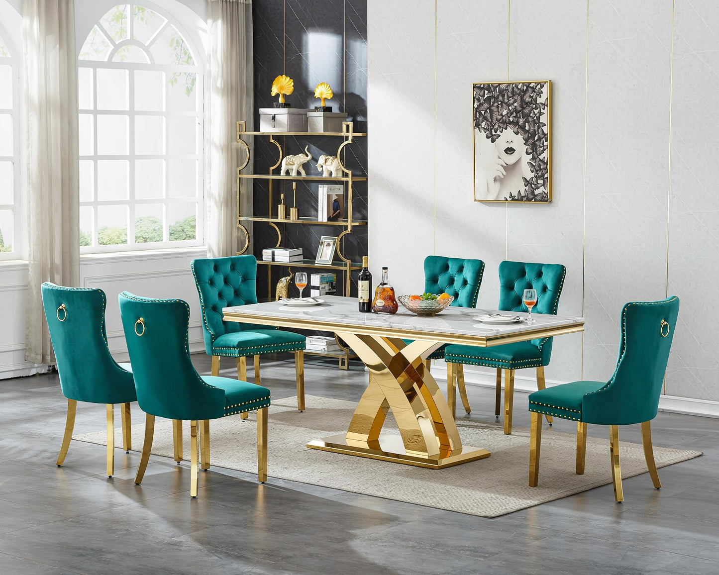Pvillez 68.11" Marble Dining Table Set, White Dining Table with 6 Green Velvet Chairs, Rectangle Kitchen Table and Chair Set with Gold Stainless Steel Base, Luxury 7 Piece Dining Set for Kitchen