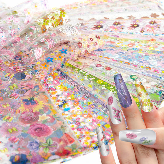 SILPECWEE 300Pcs Flowers Nail Foil, Holographic Nail Art Foil Flower Transfer Foils Paper 3D Floral Nails Stickers Fingernail Wraps Decals Manicure Design Kit Nails Decoration