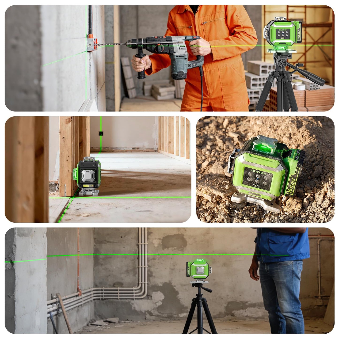 Huepar Electronic Laser Level, 4 x 360° Green Self Leveling Lazer Leveler Tool Kit with High Accuracy & Slope Function, No Swing Design, Adjustable Brightness with Flash Mode, Rechargeable -DP04CG