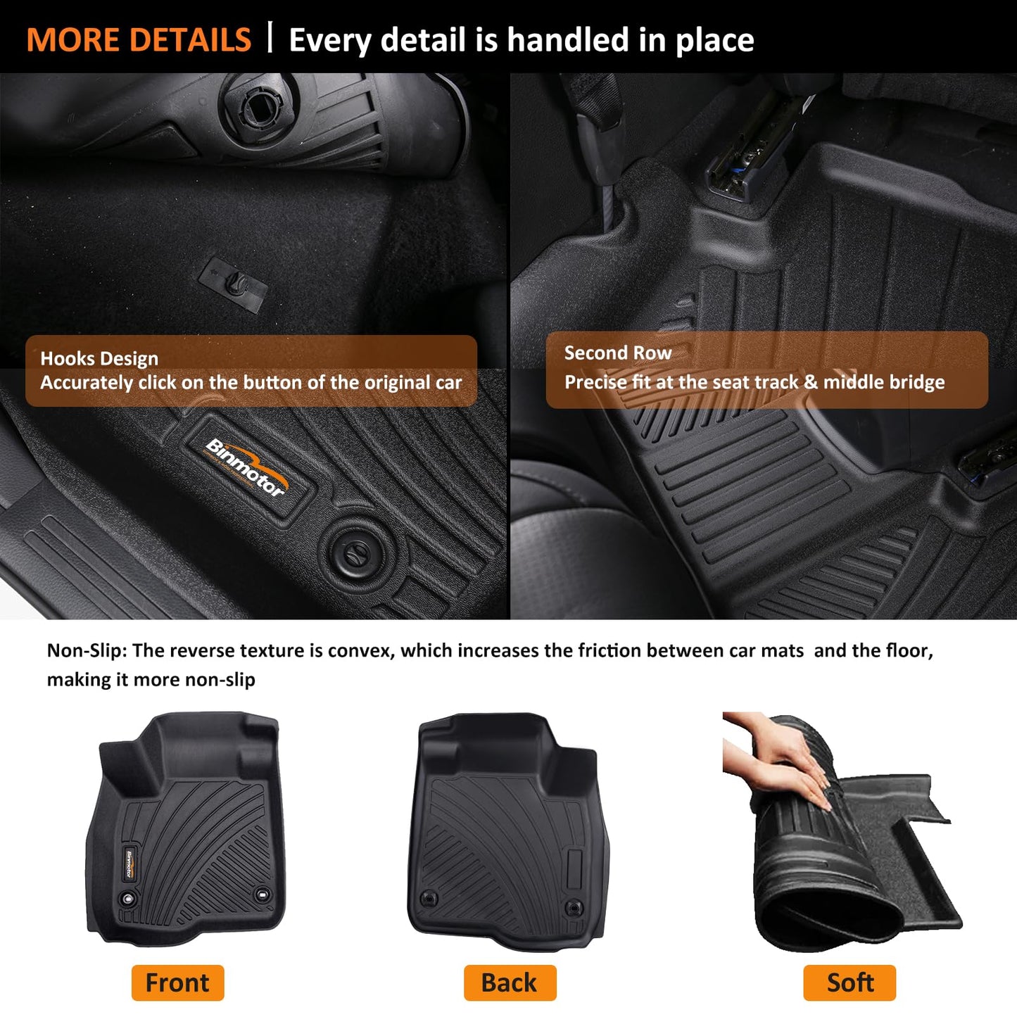 Binmotor-Floor Mats with Cargo Liner for Hyundai kona 2018-2023 & Kona N 2022 2023 (No Electric Model) SE, SEL, N Line, N, Limited Automotive Floor Liners Full Set-Black