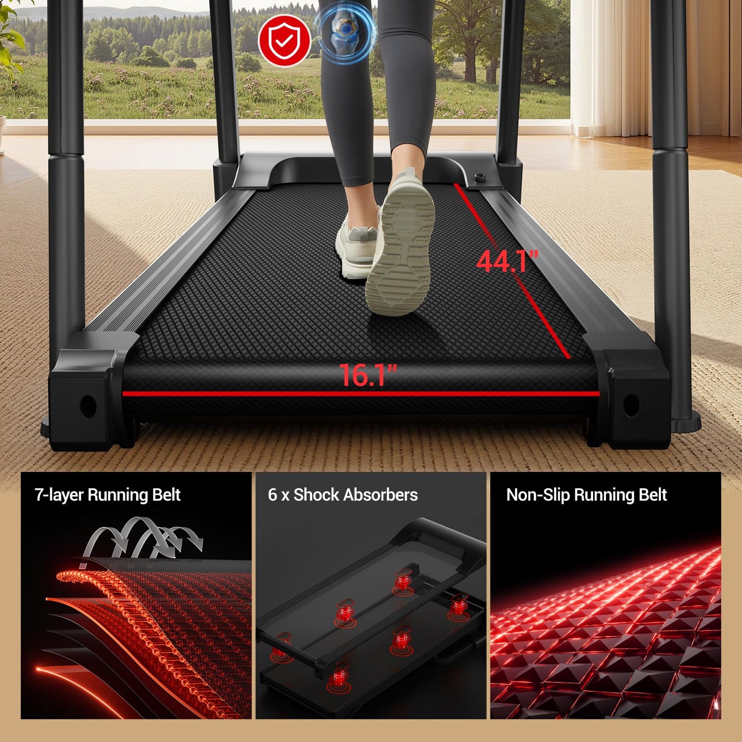 UMAY Fitness Compact Home Treadmill with Auto/No Incline, 3.0/3.5HP Quiet Brushless, 8.7 MPH Speed & 16.2"×42.5" Running Area (0 Incline with handrail)