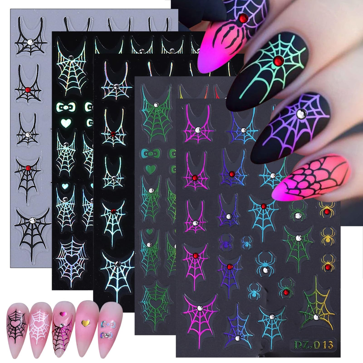 4 Sheets 5D Embossed Halloween Nail Art Stickers Self-Adhesive French Tip Spider Web Nail Decals Laser Gold Silver Rhinestones Spider Nail Designs Stickers Holiday Nails Decoration for Women DIY