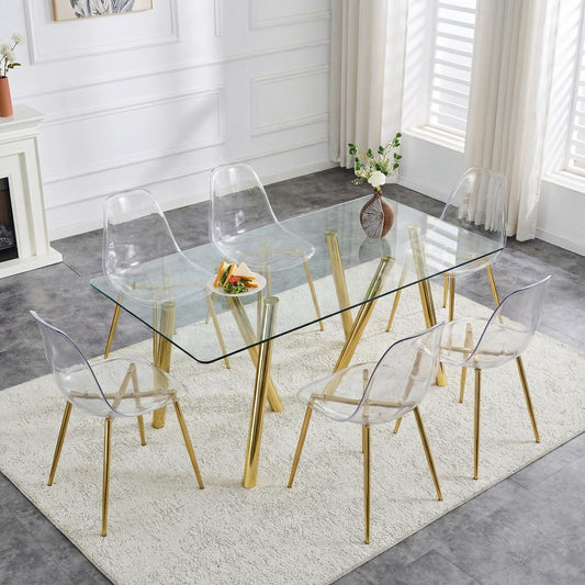 JEARGE Glass Dining Table Set for 6,7 Piece Dining Room Table Set for 6, 71" Modern Kitchen Table with Acrylic Dining Chairs,Suitable for Kitchen