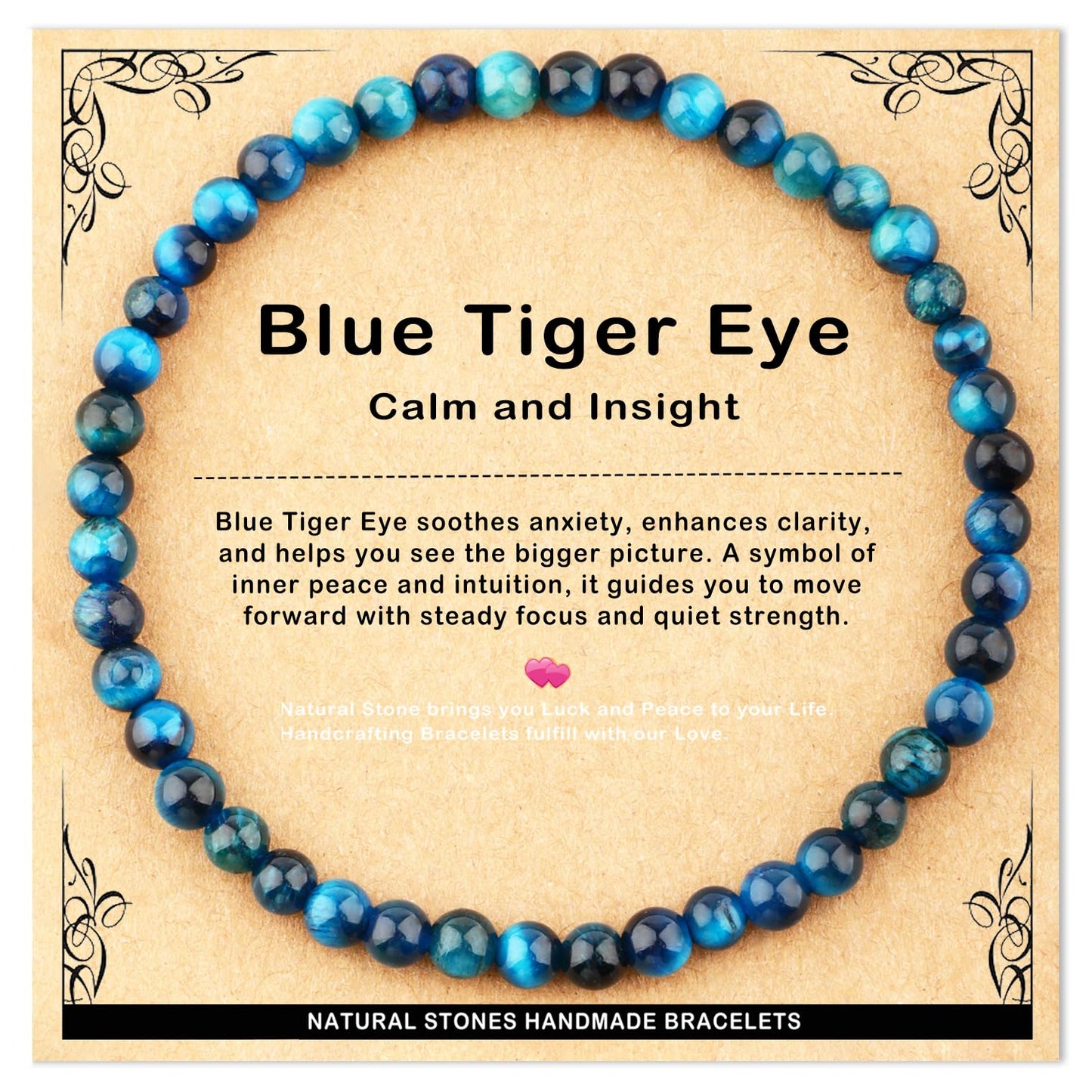 AD Beads 4mm Handmade Blue Tiger Eye Elastic Bracelet – Natural Gemstone for Calm and insight – Meditation, Yoga, Healing and Energy Gift for Men Women