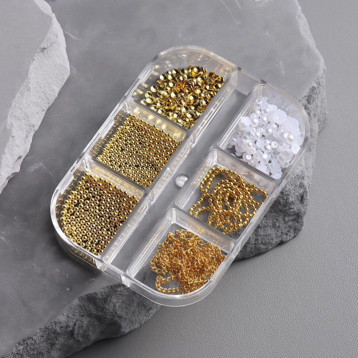 3D Metal Nail Art Chains and Mini Stainless Steel Beads Nail Charms, White Flatback Pearls Gold Caviar Beads Golden Chain Alloy Jewelry for Women Manicure Supplies DIY Crafts Decorations