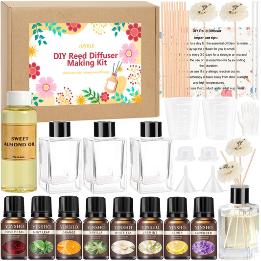 JUYRLE Reed Diffuser Making Kit- DIY Flower Reed Diffuser Set for Home with Essential Oil, Sticks, Glass Bottle, Air Fresheners for Home Office Bathroom Shelf Aromatherapy Decor Gifts for Women & Men