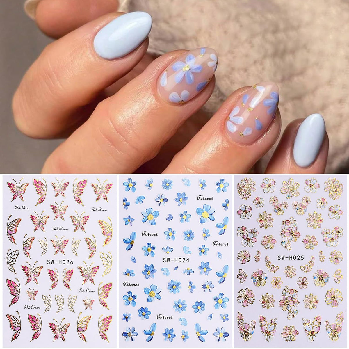Spring Nail Art Stickers,Summer Flower Butterfly Nail Sticker Golden Edge Flower Petals Cherry Blossom Design, 3D Adhesive Sliders Manicure Decals Accessories for Women DIY Art Decorations