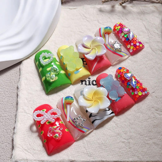 Qicaijia 10Pcs Press on Nails Long Handmade Duck Fake Nails 3D Charms Flower False Nails with Glue Colorful Twinkle Candy Artificial Acrylic Reusable Stick on Nails for Women (Size M)