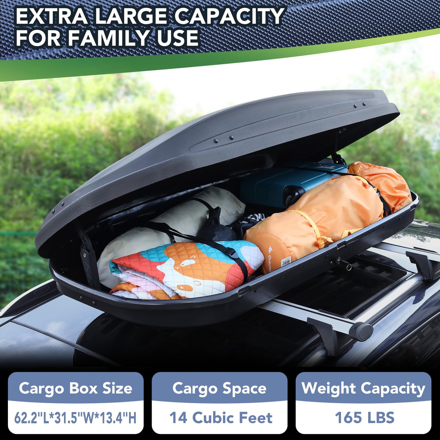 GarveeTech Rooftop Cargo Box Carrier,Dual-Side Opening Roof Mount Travel Luggage Storage Capacity,165 LBS Weight Capacity with Secure Straps&Keys, Vehicle Hard-Shell Carriers,Black (14 Cubic)