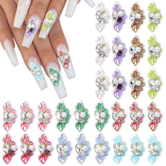 DANNEASY 30pcs 5d Flower Nail Charms Flat Back Embossed Nail Art Charms with Rhinestones Pearl Crystals Diamond Gems Nail Jewels Nail Decoration for Acrylic Nails DIY Craft Jewelry Making Accessories