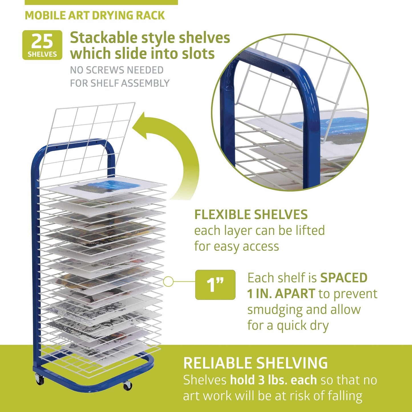 Pearington 25-Shelf Mobile/Wall Mountable Art Drying Rack for Art Studios & Classrooms, 13" D x 17.5" W x 39.4" H, Blue/White, 2-Pack