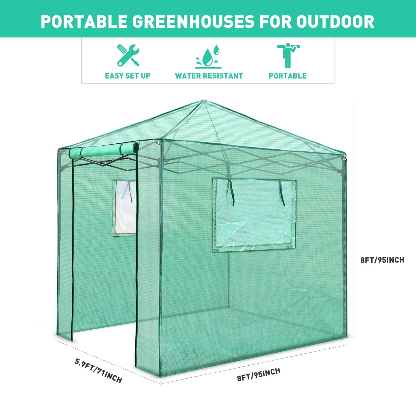 PexFix 8'x 8' Portable Walk-in Greenhouse, Easy Setup, Indoor/Outdoor, 2 Roll-Up Mesh Windows, Roll-Up Zipper Door, Green