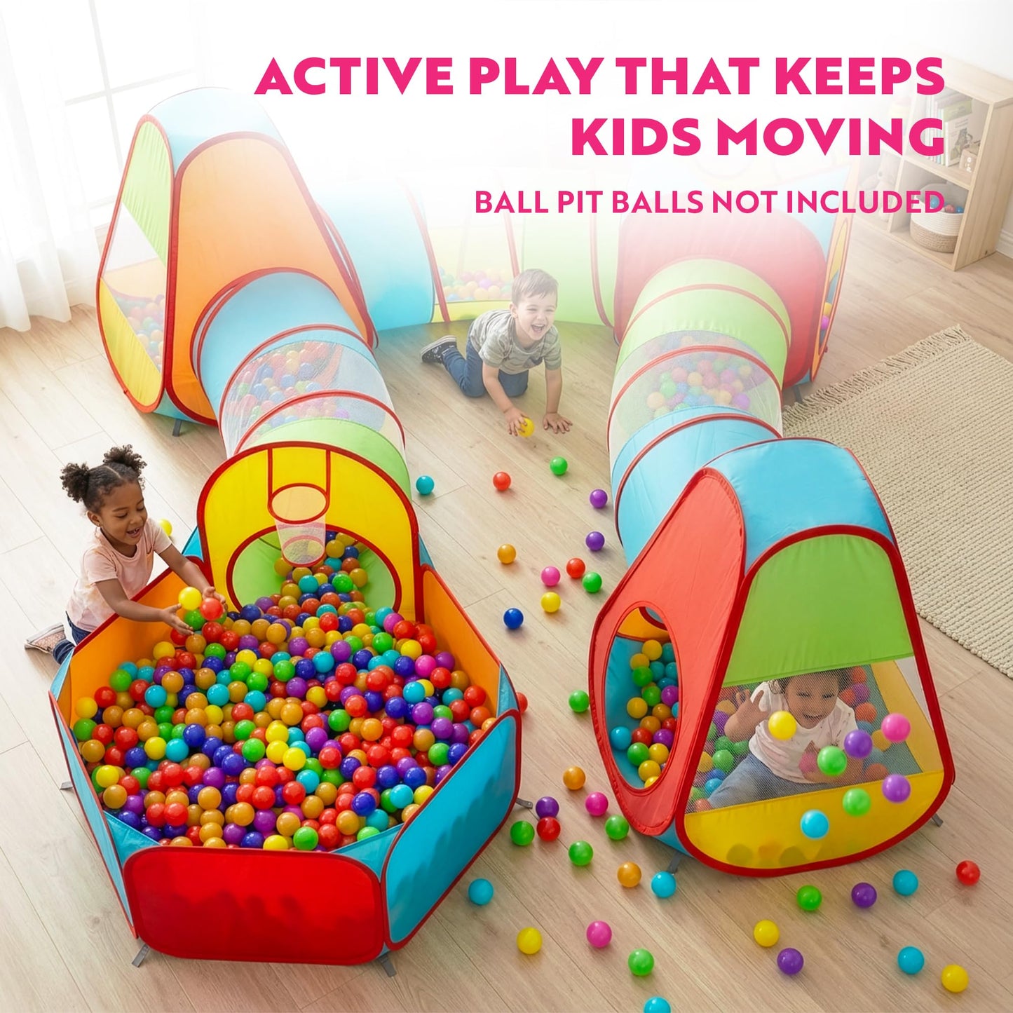 Playz 7pc Kids Play Tent with 1 Big Ball Pit for Babies, 3 Play Tunnel for Toddlers, and 3 Pop Up Tents Playhouse Bundle, Best Birthday Gift for Boys & Girls, Indoor & Outdoor Use Portable Play Center