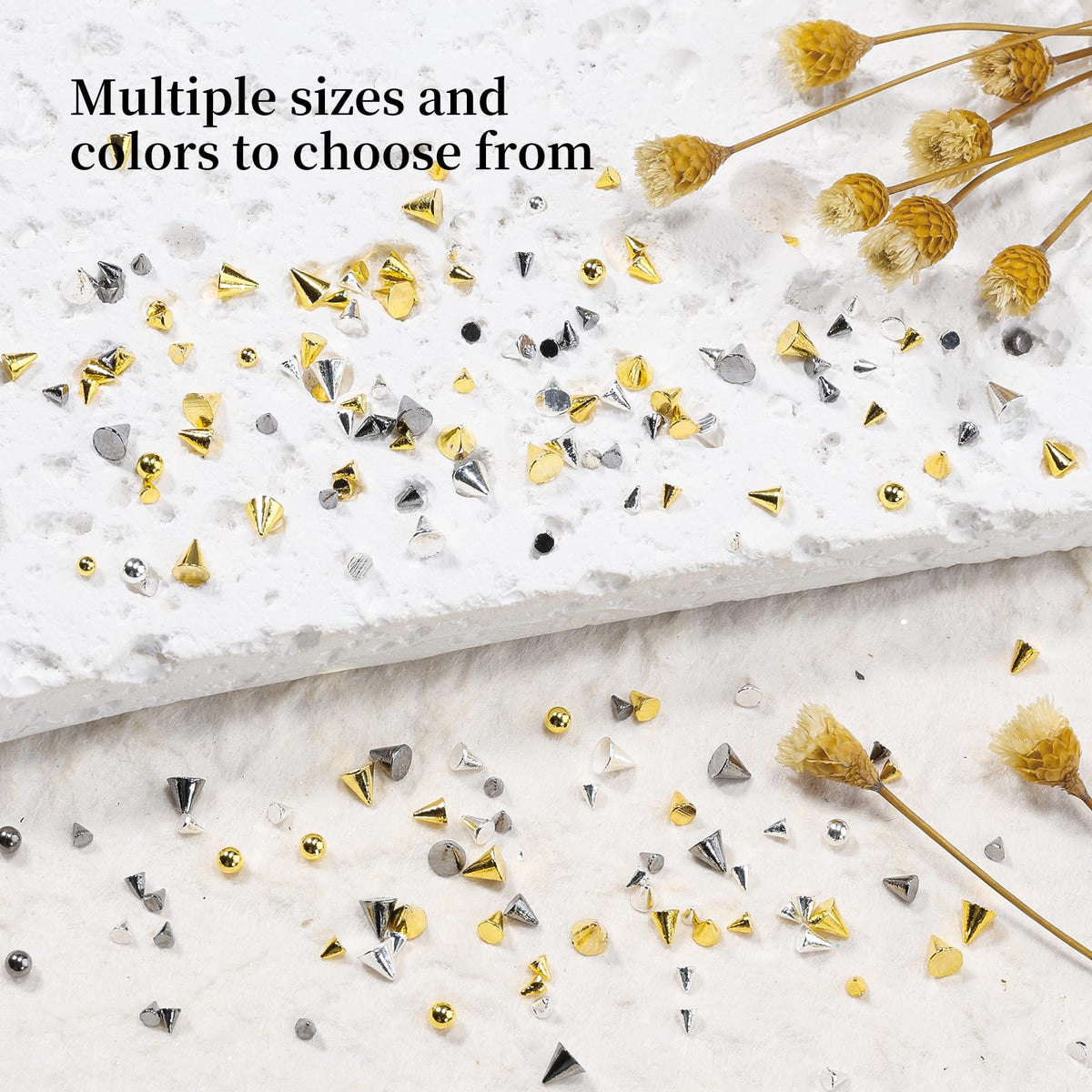 3D Mini Metal Punk Nail Art Studs, Mixed Sizes Gold Silver Black Alloy Cone Spikes Rivets Steel Beads Balls Goth Nail Charms with Tweezers & Dual-end Brush for Nails DIY Crafts Decorations (17-K1)