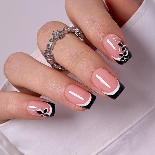 CurvLife Press on Nails Acrylic Fake Nails with Design Full Cover False Nails for Women Reusable Nail Kit with Nail Glue Adhesive Tabs Nail File (black french, Medium)