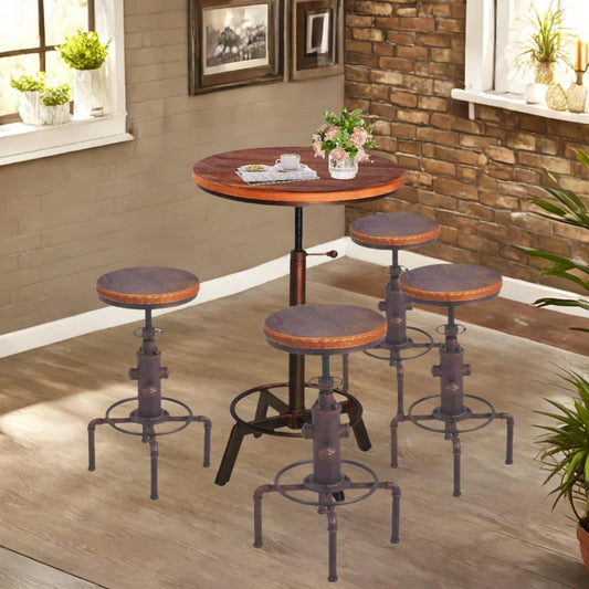 Topower 5 Piece Table and Chairs Set, Industrial Style Adjustable Height 30.3"-35.4" with Handle Bar Table and Antique Vintage Fire Hydrant Design Bar Stool Set of 4 for Dining Room, Coffee Shop, Bars