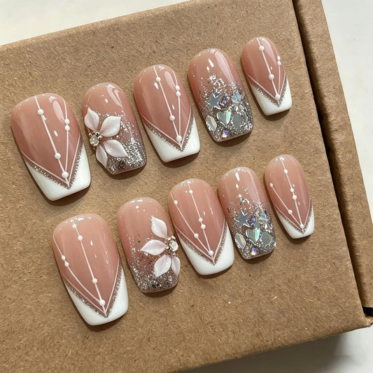 Luxury Press on Nails Medium Square Handmade 3D Unique Reusable ABS Material Fake Nails White French Tip False Nails with Glitter Flower Designs Elegant Glossy Glue on Nail Thick Acrylic Nail(S)