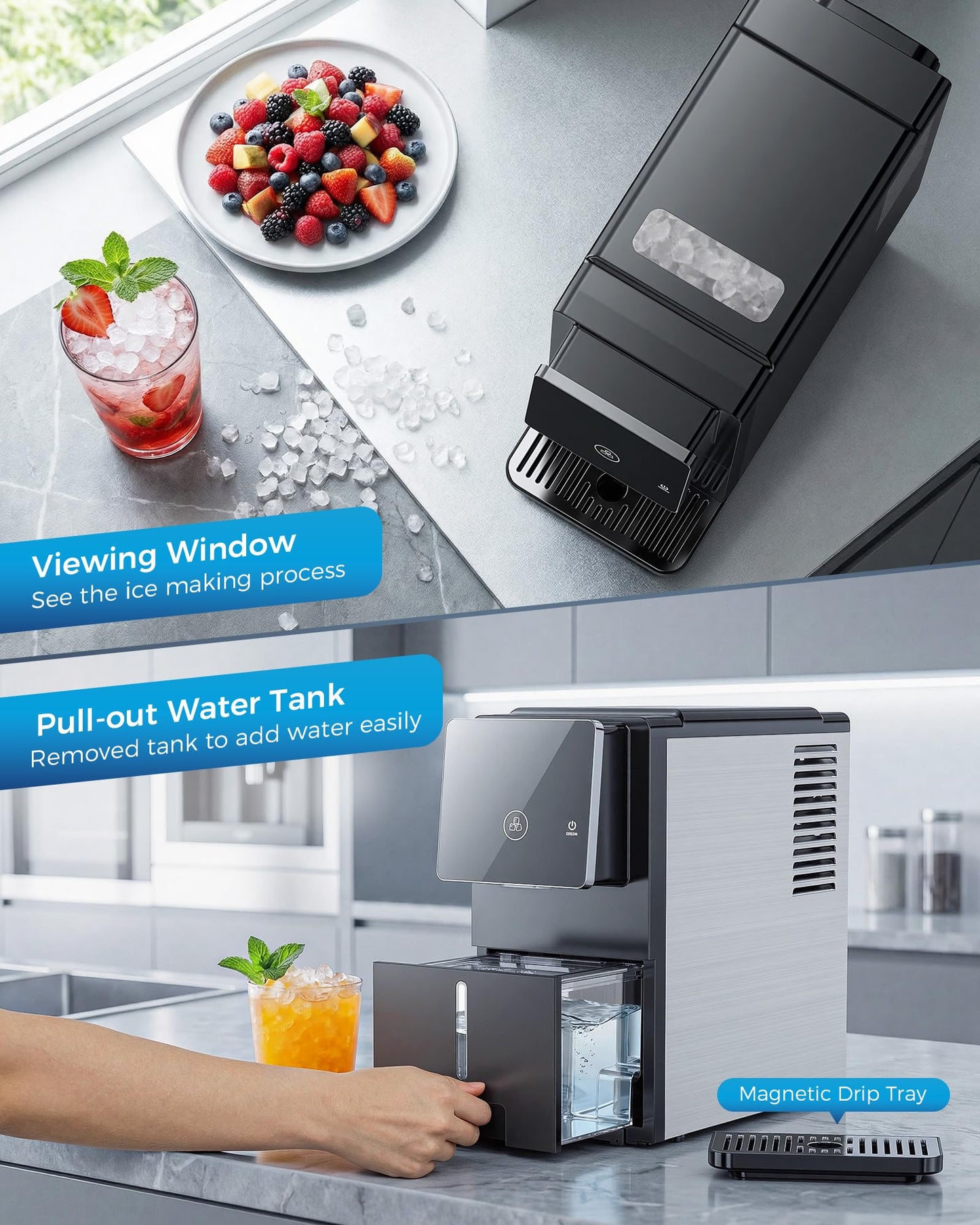 Nugget Ice Makers Countertop, 33lbs/24H Pebble Ice Maker with 1.8L Water Tank, Self-Cleaning, Portable Pellet Ice Machine with Self-Dispensing for Home/Kitchen/Office