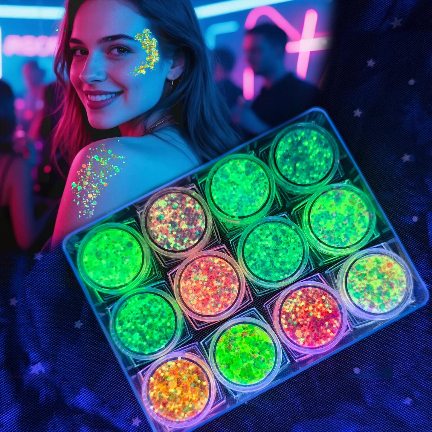 MiraWish 12 Colors Glow Body Glitter Gel, Glow in The Dark Hair Face Glitter Gel, Rave Accessories for Festivals Carnival UV Black Light Party