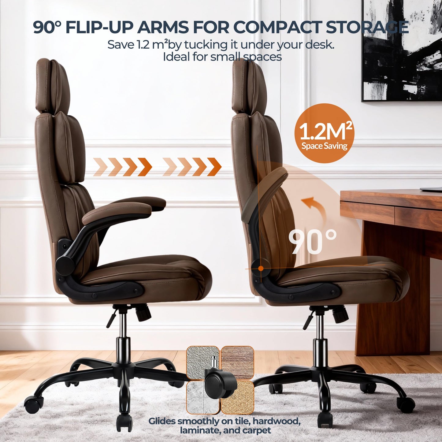 Office Chair with Adjustable Headrest - Executive Leather Desk Chair for Home Office, with Flip-Up Arms & Ergonomic Lumbar Support, Perfect for Work and Study, Brown