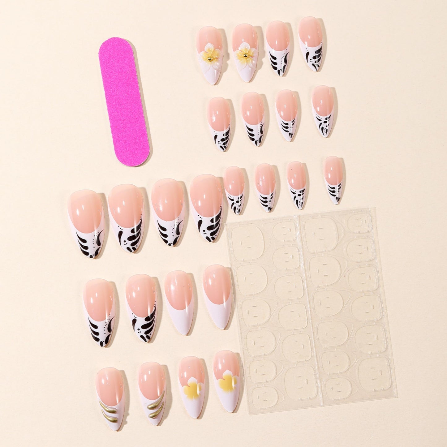 Almond Press on Nails Long Fake Nails Black Acrylic Nail Press ons Seeneey Gold Charm and Floral Designs Cute Stick on Nail for Women 24pcs