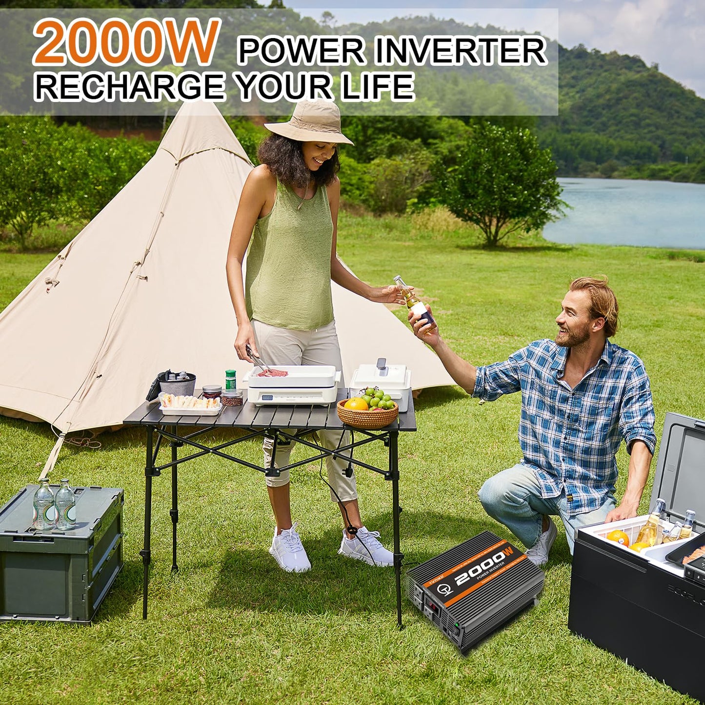 TVNIKD 2000 Watt car Power Inverter 12V to 110V/120V Inverter for car Truck semi Truck Vehicles Camping with 1 USB Ports and 2 AC Outlet Power Converter with LCD Display 2000W Inverter