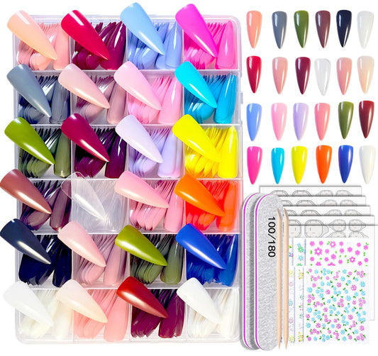 whisrvival 576 Pcs Long Almond Press On Nails, 24 Colors Glossy False Nails Full Cover Fake Nail Tips with Adhesive Tabs & 10 Nail Stickers for Woman DIY Nail Art Practice & Daily Wear