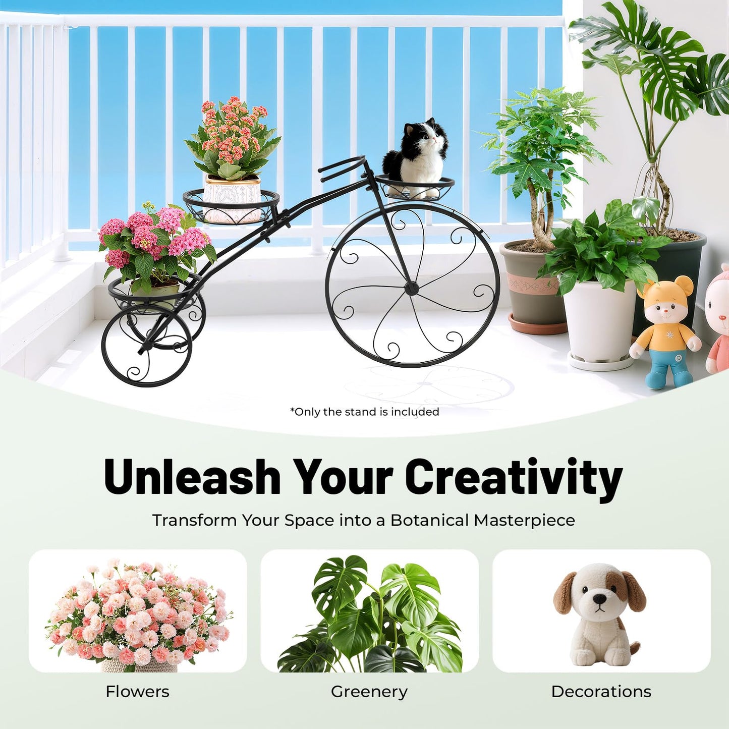 CheriMuMu Bicycle Planter Stand, Metal Flower Pot Cart Holder, Tricycle Plant Stand with 3 Collection Baskets for Outdoor, Indoor, Home, Balcony, Patio, Garden, Backyard, Capacity 22.05lbs
