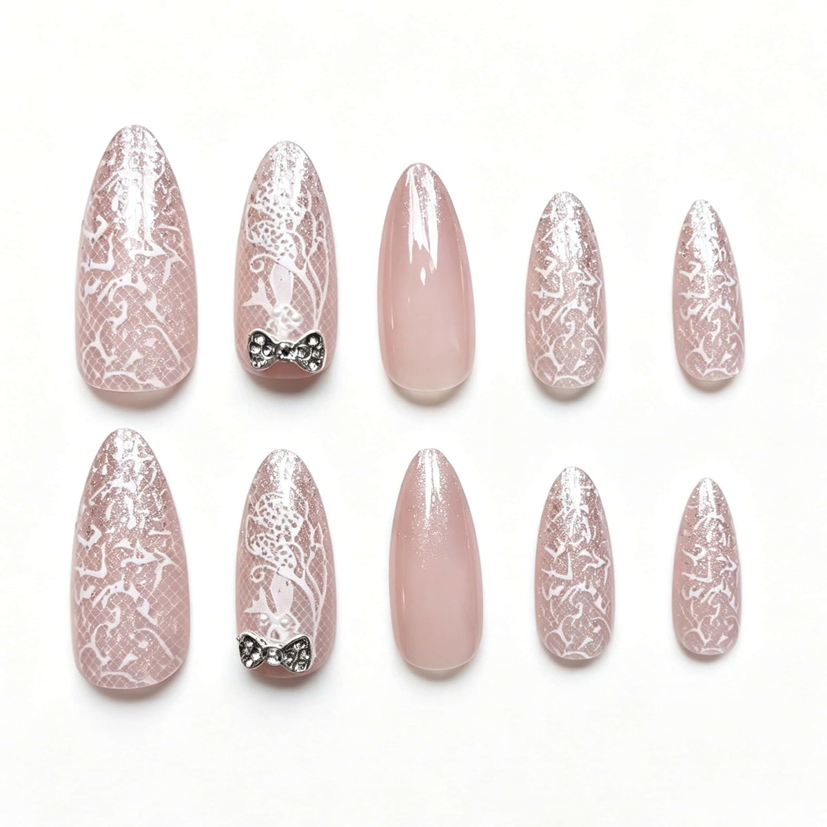Almond Press on Nails Medium White Fake Nails Lace Print Designs with 3D Rhinestones Bowknot Glue On Nails Cute Acrylic Press on Tips Full Cover Stick on Nail Reusable Manicure for Women 24 Pcs