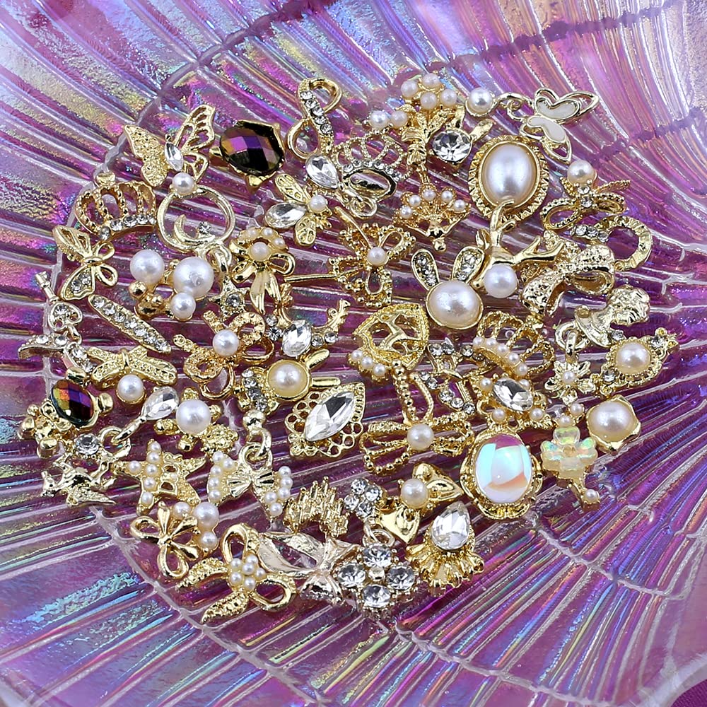 50pcs Random Gold Nail Charms Luxury Nail Rhinestones Nail Gems 3D Alloy Flower Butterfly Nail Art Charms Metal Snake Bear Heart Bow Star Charms for Nails Mix Styles Nail Jewels for Nail Art Supplies