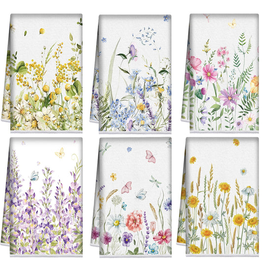 Redbaker 6 Pcs Floral Kitchen Towels Wildflower Print Dish Towels for Kitchen Absorbent Flower Butterfly Hand Decorative Set for Spring Holiday Bathroom Housewarming Gift(Classic Color,Flower)